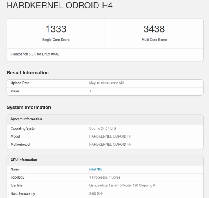 HARDKERNEL ODROID H4 Geekench 6.3.0 benchmarks