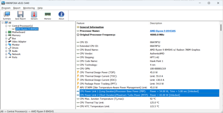 AMD Ryzen 9 8945HS power limits PL1 PL2