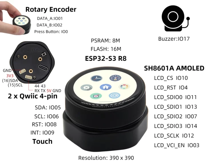 ESP32-S3 rotary encoder with AMOLED touchscreen display