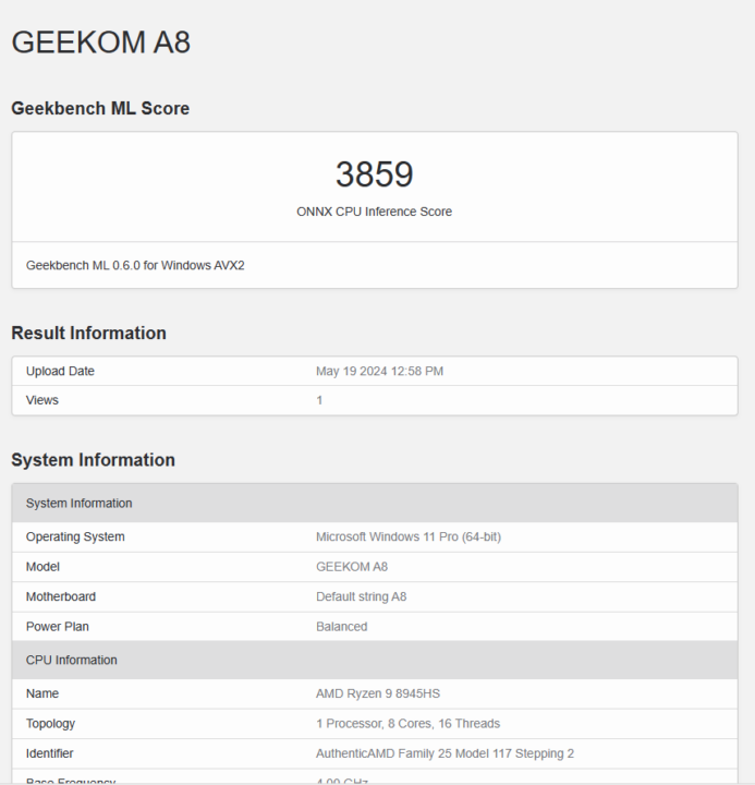 GEEKOM A8 Geekbench ML CPU score