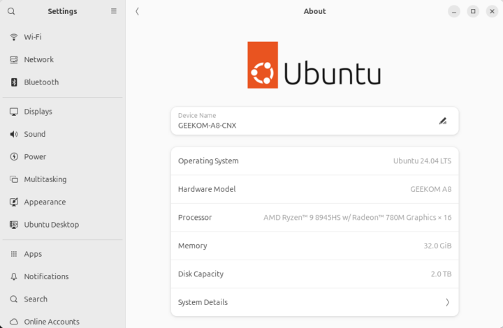 GEEKOM A8 ubuntu 24.04 system info
