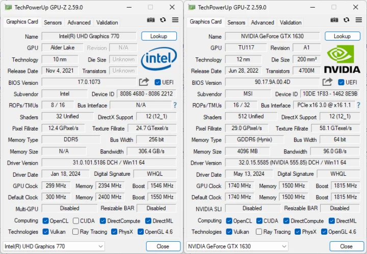 GPU-Z Intel UHD Graphics 770 NVIDIA GeForce GTX 1630