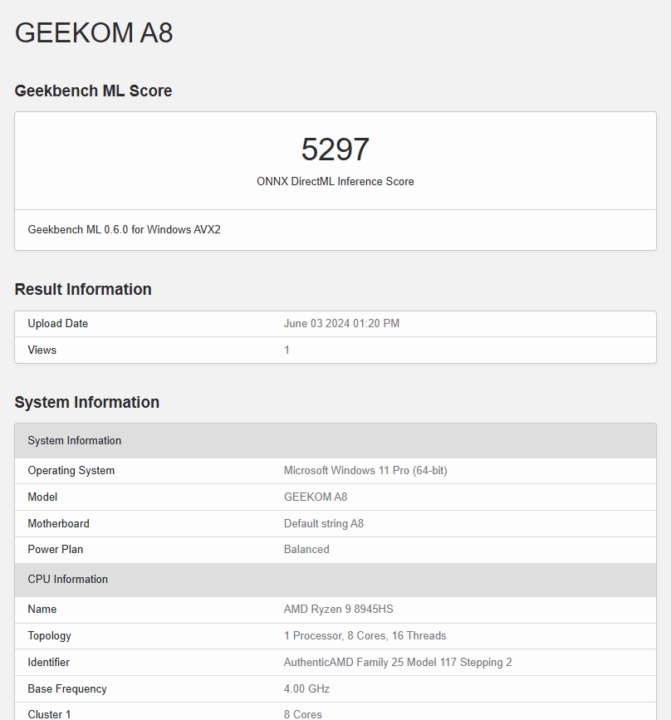 Geekbench ML 0.6.0 score with DirectML