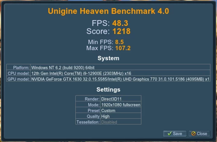 NVIDIA GTX 1630 Unigine Heaven Benchmark 4.0 WIndows 11