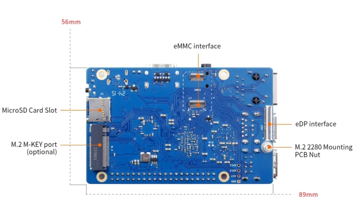 Orange Pi 3B V2.1 Bottom M.2 2280 socket, eDP, microSD card