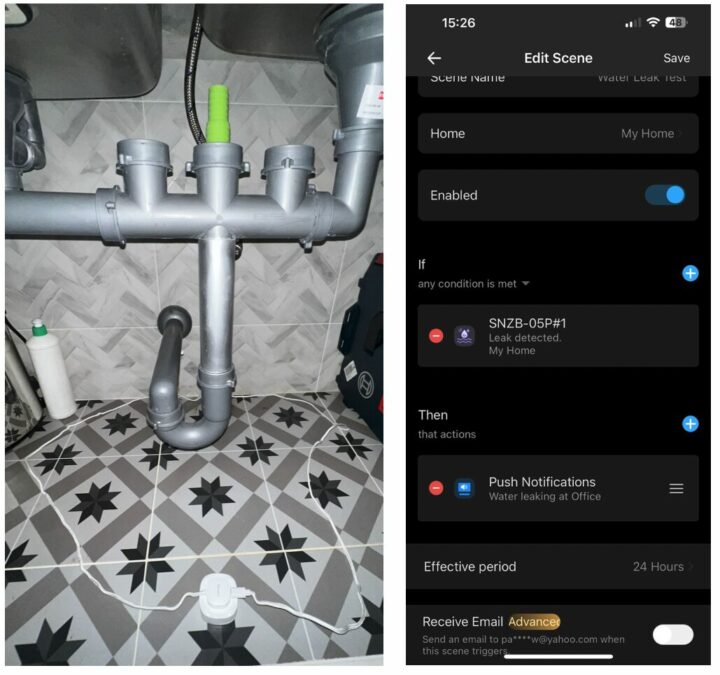 Sonoff SNZB-05P Zigbee water leak detected with eWelink app