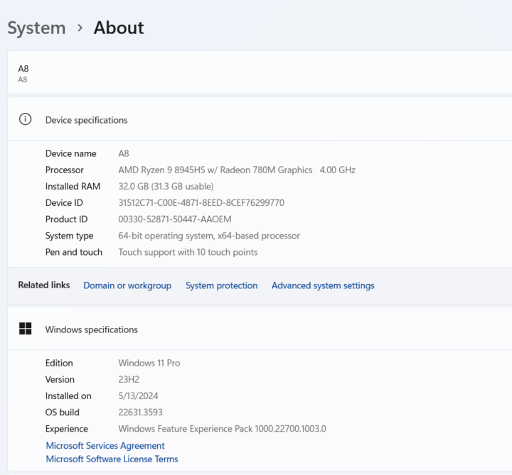 System About AMD Ryzen 9 8945HS