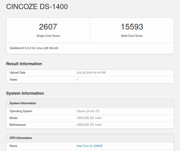 Cincoze DS-1402 GeekBench 6.3.0 Intel Core i9-12900E