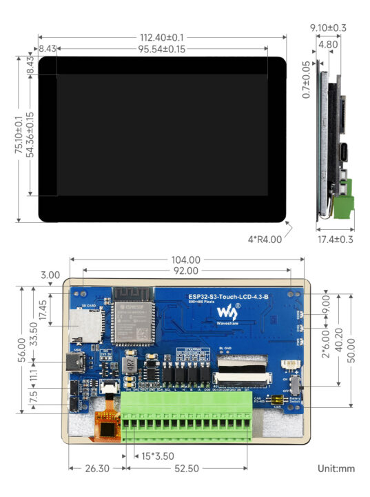 ESP32 S3 Touch LCD 4.3B details size
