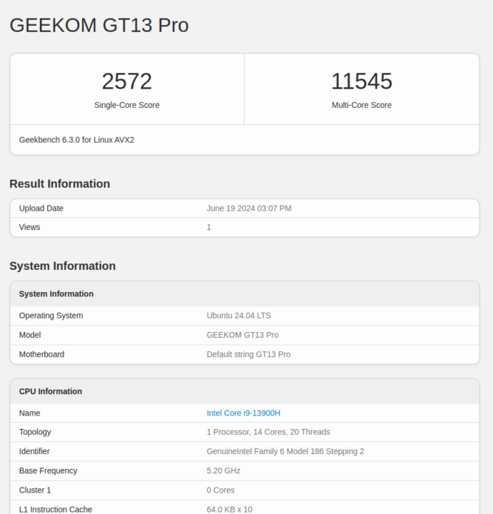 GEEKOM GT13 Pro Geekbench 6.3.0