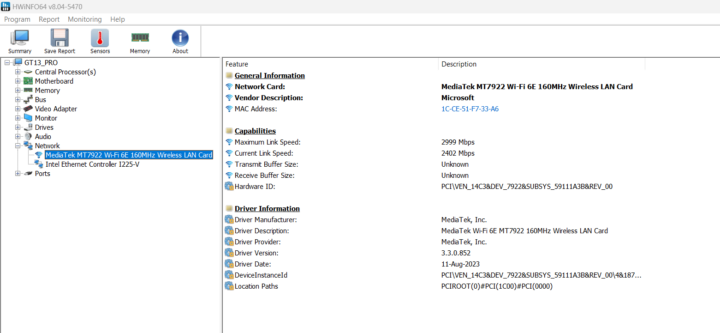 MediaTek MT7922 WiFi6E Intel i225-V