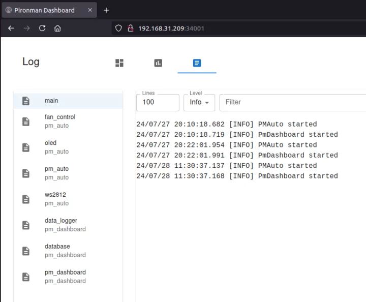 Pironman Dashboard logs