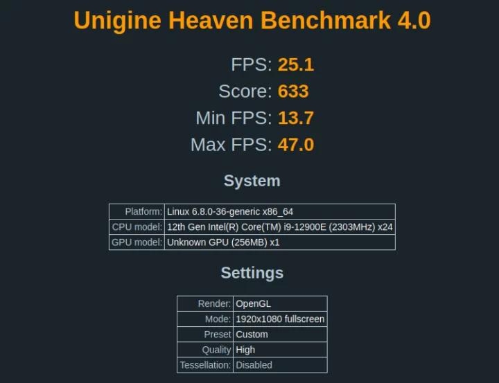 Unigine Heaven Benchmark 4.0 Intel Core i9-12900E iGPU Ubuntu 24.04