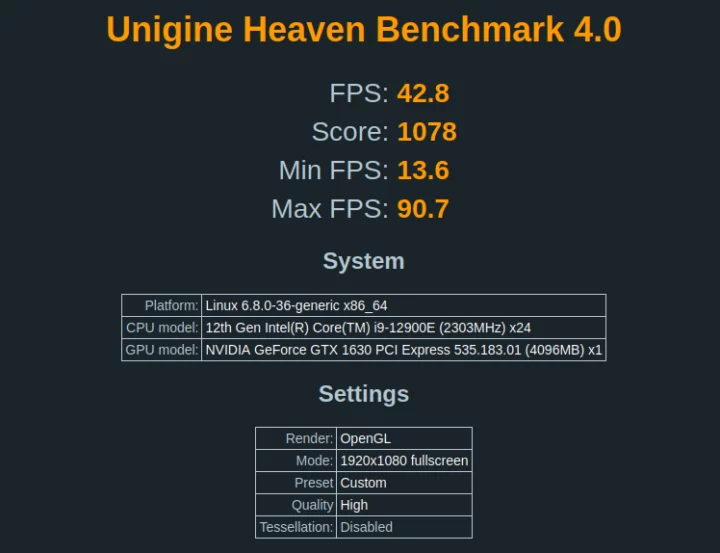 Unigine Heaven Benchmark 4.0 NVIDIA GTX 1630 Ubuntu 24.04