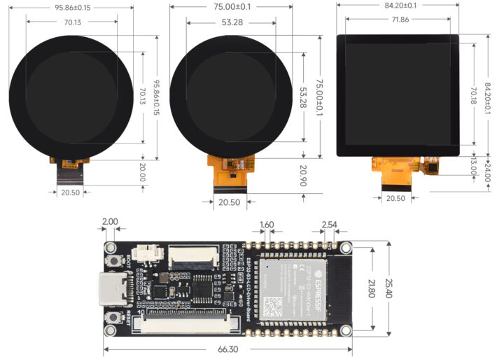 Waveshare ESP32 S3 LCD Driver Board and Display Outline Dimensions