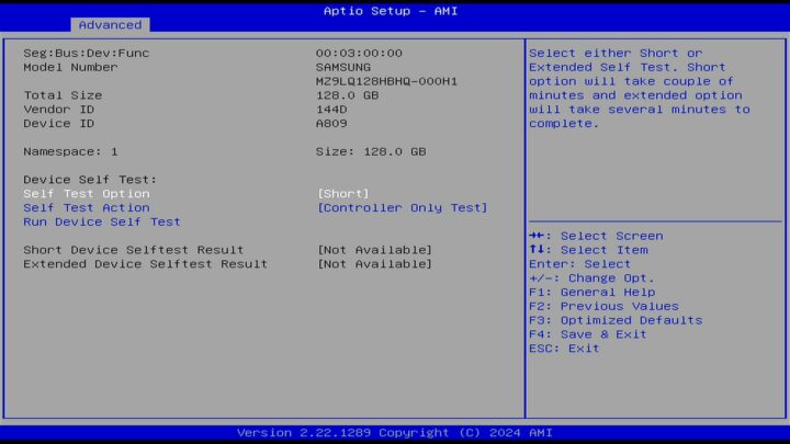 Aptio BIOS Samsung NVMe SSD detected