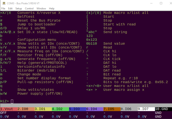 Bus Pirate 5, 5XL & 6 VT100 color text terminal