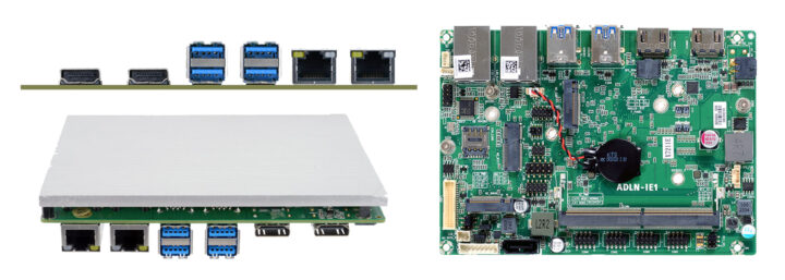 ECS ADLN-IE1S industrial motherboard top bottom and front view