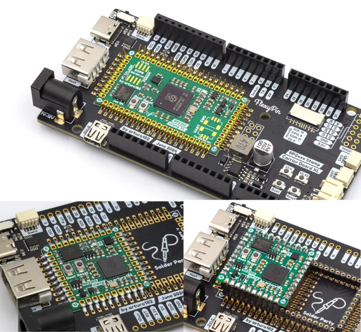 RP2xxx carrier board with module soldered, flexypin, headers