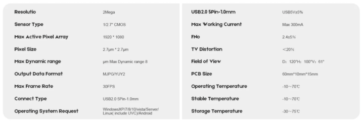 Twotrees SK1 AI camera specifications