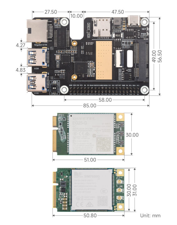 Waveshare PCIe TO MiniPCIe GbE USB3.2 HAT+Dimensions