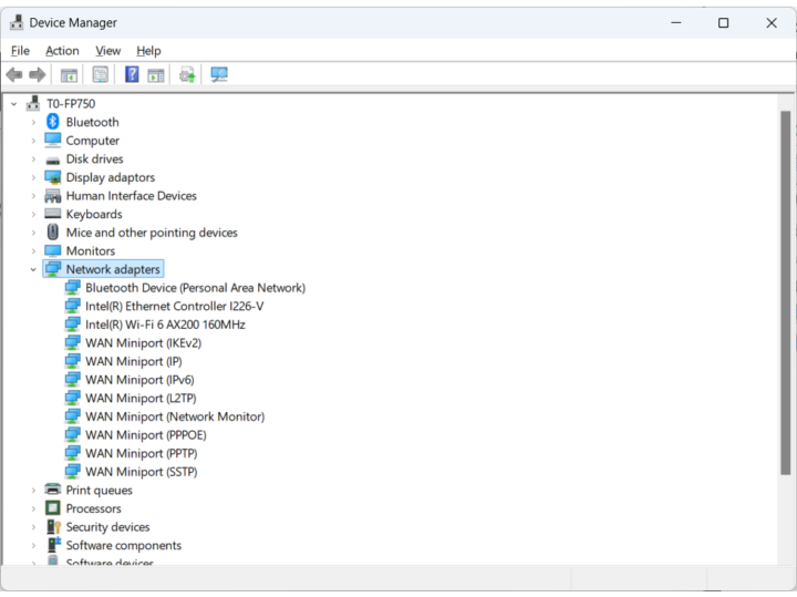 Device manager T0-FP750 Network adapters