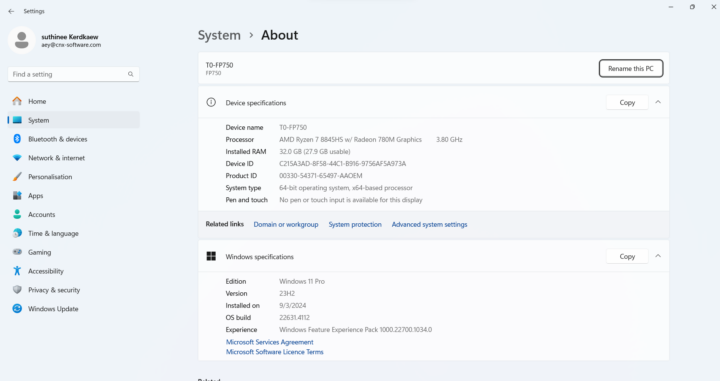 System About T0-FP750 windows 11