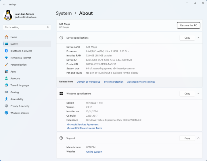 GEEKOM GT1 Mega Windows 11 System Information