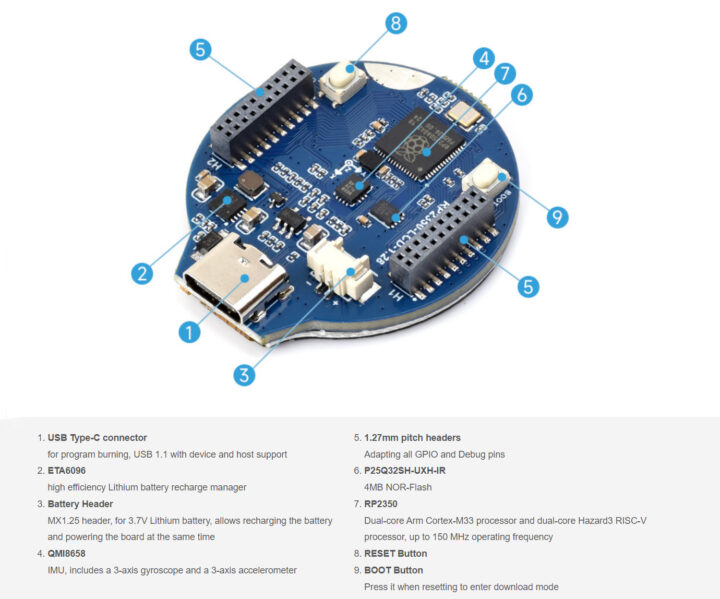 RP2350-LCD-1.28 main components and ports