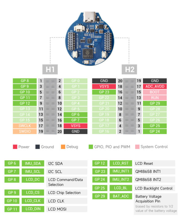 RP2350-LCD-1.28 pinout diagram