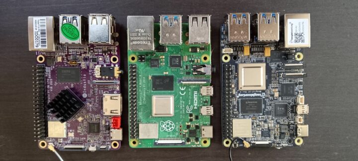 (left) Purple Pi OH, (center) Raspber Pi 4 Model B, and (right) BeagleY-AI.