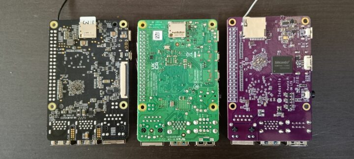 (left) BeagleY-AI, (center) Raspber Pi 4 Model B, and (right) Purple Pi OH.