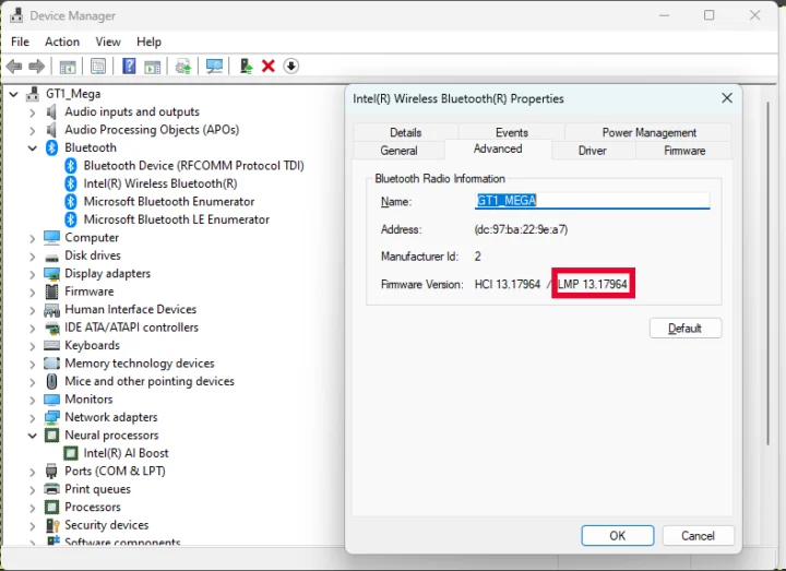 GEEKOM GT1 Mega Bluetooth 5.4 LMP 13 Windows 11 Pro Device Manager