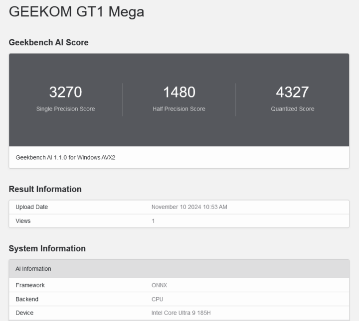 GEEKOM GT1 Mega Geekbench AI ONNX CPU