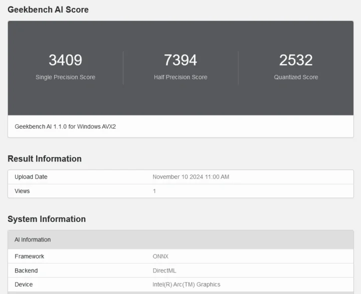 GEEKOM GT1 Mega Geekbench AI ONNX Intel Arc