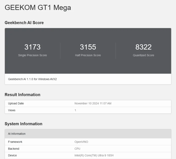 GEEKOM GT1 Mega Geekbench AI OpenVino CPU