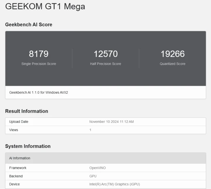 GEEKOM GT1 Mega Geekbench AI OpenVino GPU