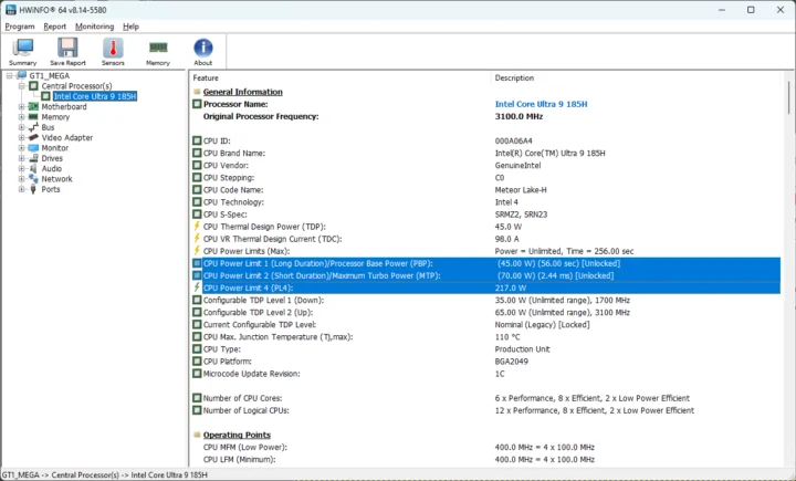 GEEKOM GT1 Mega PL1 PL2 PL4 power limits