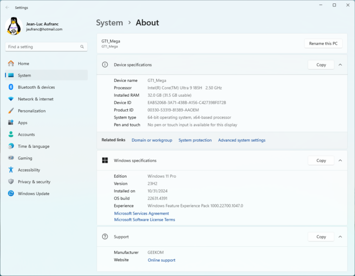 GEEKOM GT1 Mega Windows 11 Pro System Information