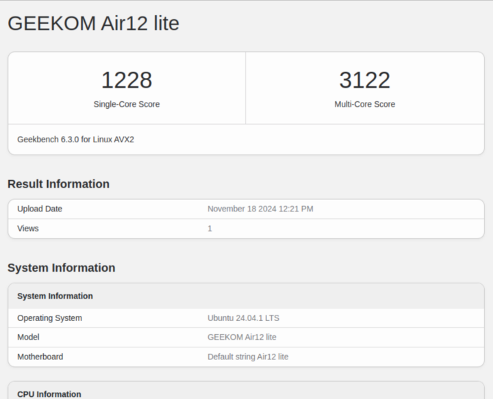 GEEKOM Mini Air12 Lite Linux Geekbench 6.3.0