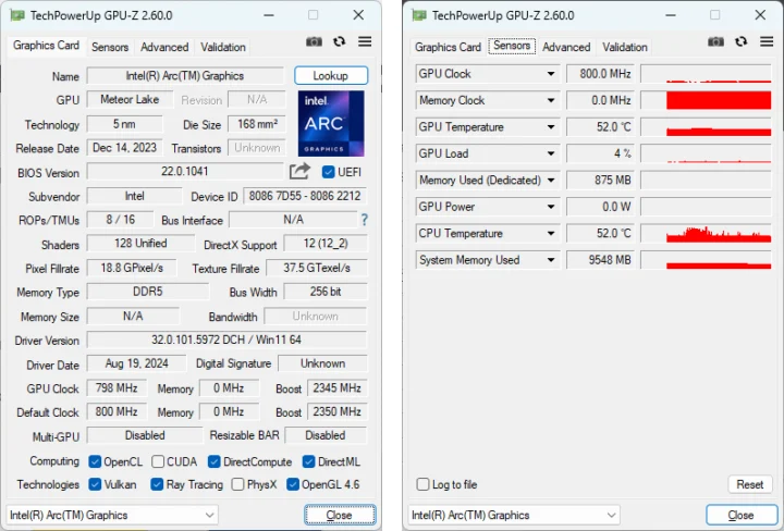 Intel Arc Graphics Meteor Lake GPU-Z Windows 11 Pro