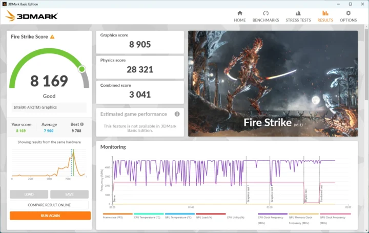 Intel Core Ultra 9 185H 3DMark Fire Strike benchmark