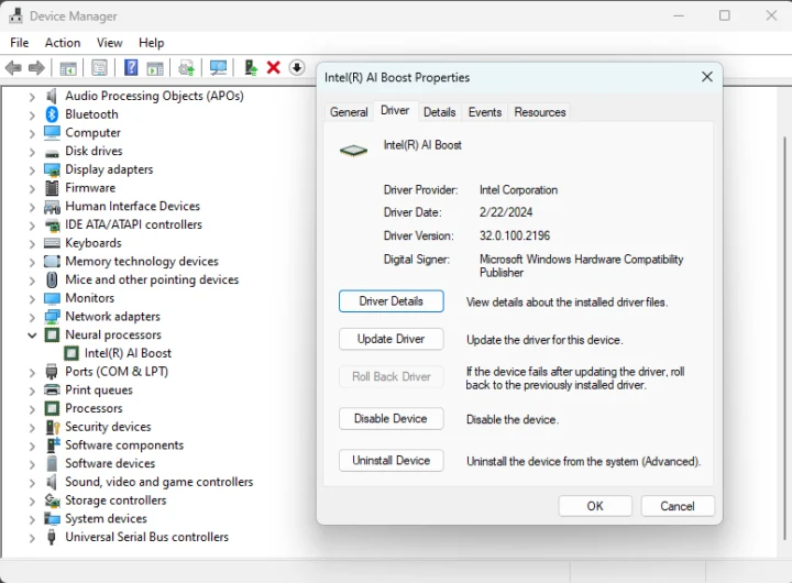 Intel Core Ultra 9 185H Intel AI Boost Device Manager