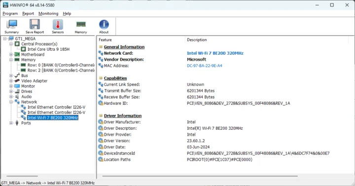 Intel Wi-Fi 7 BE200 HWiNFO64