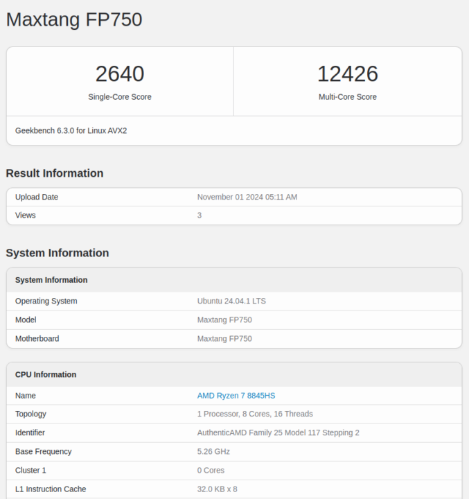 Maxtang T0-FP750 Geekbench 6.3.0 Ubuntu 24.04 Linux