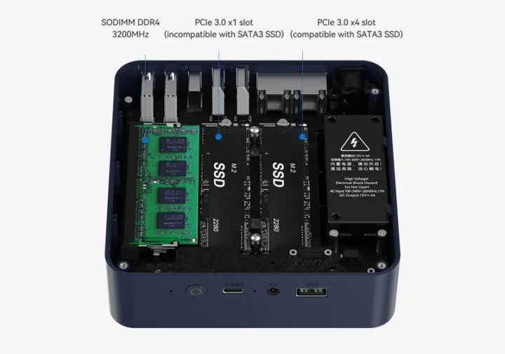 Beelink EQ14 Mini PC with dual M.2 NVMe SSD built-in power supply