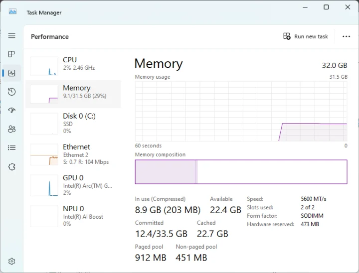 Task Manager GEEKOM GT1 Mega RAM information