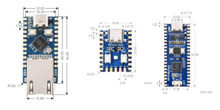 Waveshare RP2350-based development boards dimensions