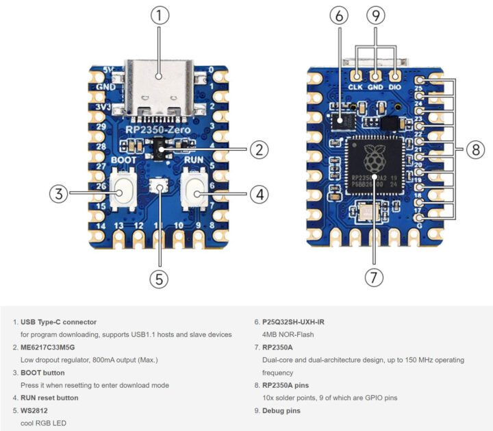 Waveshare RP2350 Zero Mini Development Board Specifications