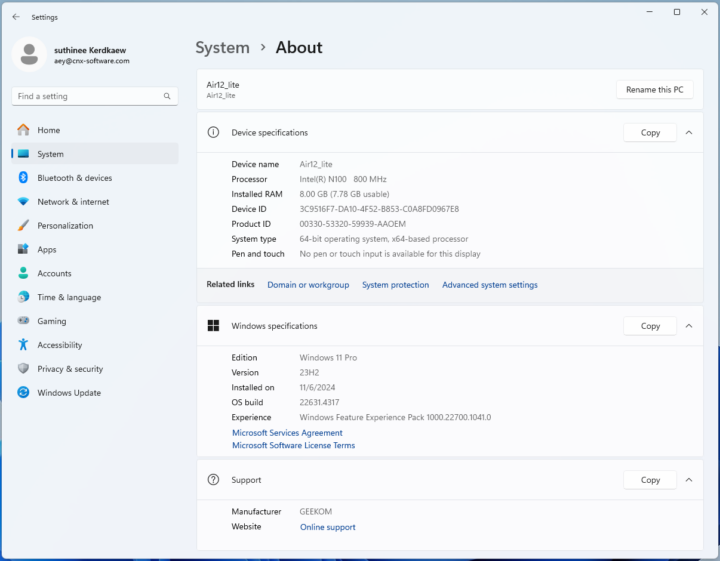 Windows 11 Pro System About Mini Air12_lite